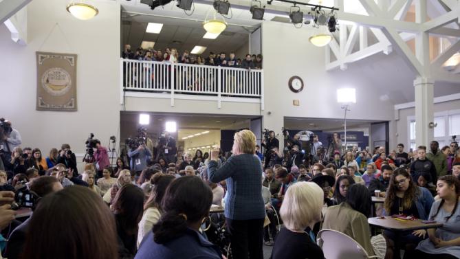 Democratic presidential candidate Hillary Clinton speaks at a student town hall at New England College in Henniker, N.H., Saturday, Feb. 6, 2016. (AP Photo/Jacquelyn Martin)