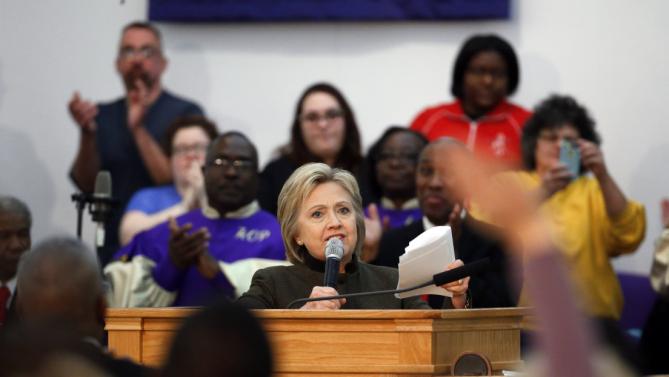 Democratic presidential candidate Hillary Clinton speaks at the House Of Prayer Missionary Baptist Church, Sunday, Feb. 7, 2016 in Flint, Mich. (AP Photo/Paul Sancya)