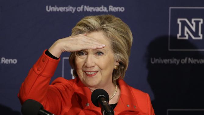 Democratic presidential candidate Hillary Clinton scans for a member of the audience who had asked a question during a women's health discussion Monday, Feb. 15, 2016, in at the University of Nevada in Reno, Nev. (AP Photo/Marcio Jose Sanchez)