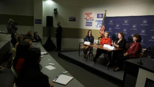 Democratic presidential candidate Hillary Clinton, second from left, joins in on a women's health round table alongside fellow panelists Courtney McKimmey, left, Sheila Leslie, second from right, and Trudy Larson at the University of Nevada on Monday, Feb. 15, 2016, in Reno, Nev. (AP Photo/Marcio Jose Sanchez)