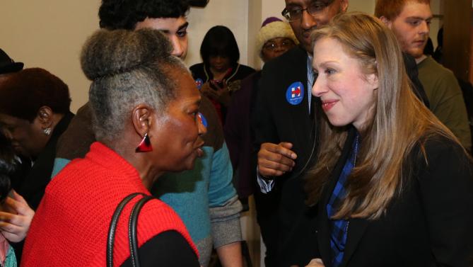 Chelsea Clinton shakes hands with voters after speaking at the Murtis H. Taylor Community Center, Monday, Feb. 15, 2016, in Cleveland. Clinton made a campaign stop for her mother, Democratic presidential candidate Hillary Clinton, to talk with voters.  (AP Photo/Aaron Josefczyk)