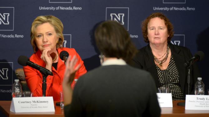 U.S. Democratic presidential candidate Hillary Clinton takes questions during a roundtable on women's health at the University of Nevada, Reno in Reno, Nevada February 15, 2016.  REUTERS/James Glover II
