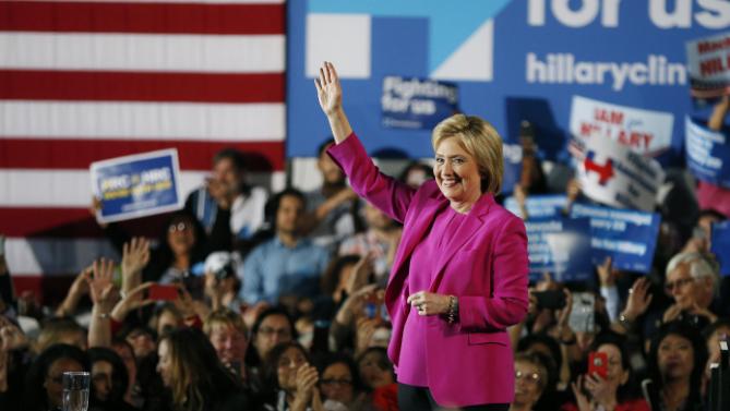 Democratic presidential candidate Hillary Clinton speaks at a rally Thursday, Feb. 18, 2016, in Las Vegas. (AP Photo/John Locher)