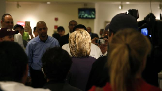 Democratic presidential candidate Hillary Clinton meets with MGM Grand employees during a visit to the hotel and casino Thursday, Feb. 18, 2016, in Las Vegas. (AP Photo/John Locher)