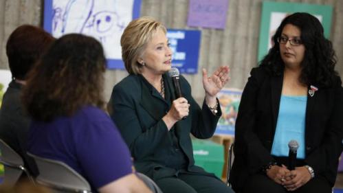 Democratic presidential candidate Hillary Clinton speaks at a roundtable on women and families, Friday, Feb. 19, 2016, in North Las Vegas, Nev. (AP Photo/John Locher)