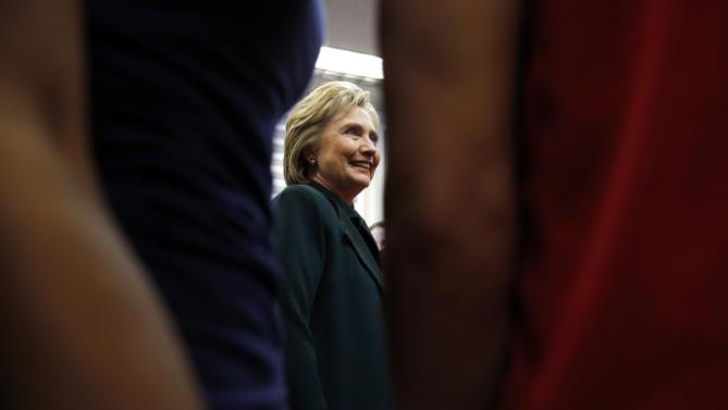 Democratic presidential candidate Hillary Clinton meets with students at Del Sol High School, Friday, Feb. 19, 2016, in Las Vegas. (AP Photo/John Locher)
