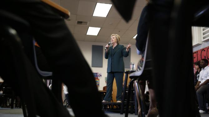 Democratic presidential candidate Hillary Clinton speaks to students at Del Sol High School, Friday, Feb. 19, 2016, in Las Vegas. (AP Photo/John Locher)