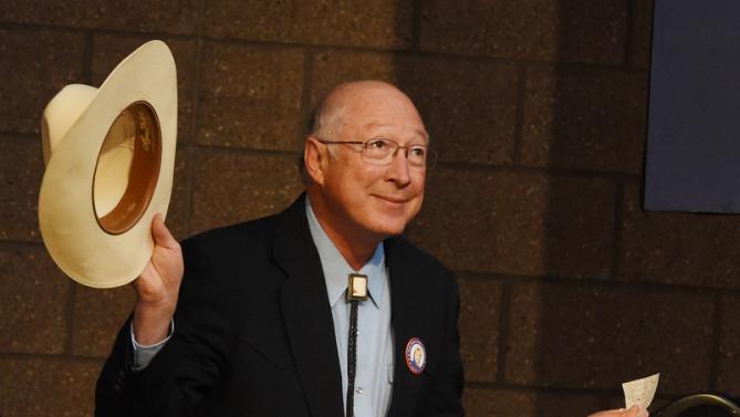 Former U.S. Secretary of the Interior and former U.S. Senator Ken Salazar takes the stage to introduce President Bill Clinton in Colorado College in Colorado Springs, Colo., on Sunday, Feb. 21, 2016, to give a speech in support of his wife, Democratic presidential candidate Hillary Clinton. (Jerilee Bennett/The Gazettevia AP)