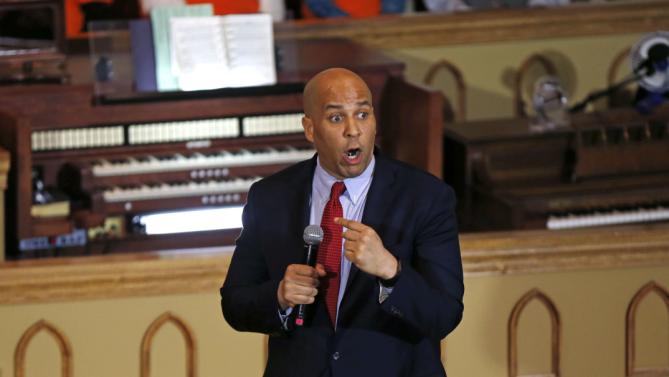 Sen. Corey Booker, D-N.J., gives an introductory speech for Democratic presidential candidate Hillary Clinton at a campaign event at the Cumberland United Methodist Church in Florence, S.C., Thursday, Feb. 25, 2016. (AP Photo/Gerald Herbert)