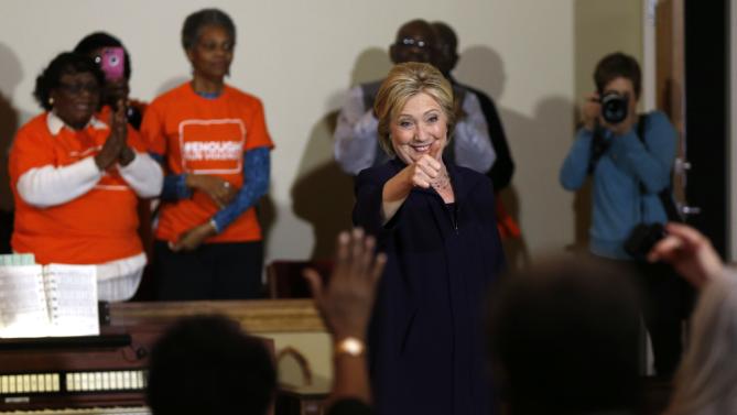 Democratic presidential candidate Hillary Clinton rests to supporters after speaking at a campaign event at the Cumberland United Methodist Church in Florence, S.C., Thursday, Feb. 25, 2016. (AP Photo/Gerald Herbert)