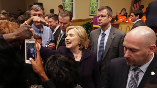 Democratic presidential candidate Hillary Clinton greets supporters after a campaign event at the Cumberland United Methodist Church in Florence, S.C., Thursday, Feb. 25, 2016. (AP Photo/Gerald Herbert)