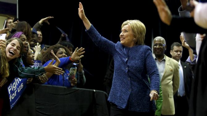 U.S. Democratic presidential candidate Hillary Clinton waves to supporters at Miles College in Fairfield, Alabama February 27, 2016. REUTERS/Jonathan Ernst