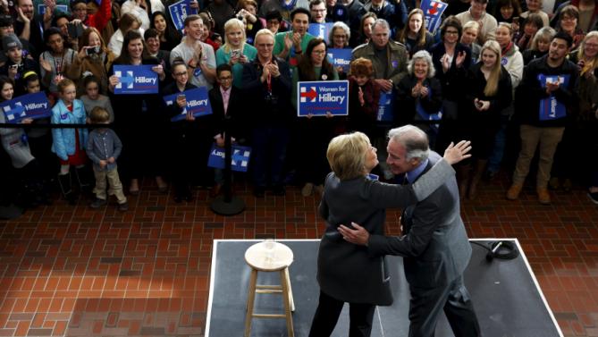 U.S. Democratic presidential candidate Hillary Clinton arrives with U.S. Representative Richard Neal (D-MA) to rally with supporters at Wood Museum of Springfield History in Springfield, Massachusetts February 29, 2016. REUTERS/Jonathan Ernst