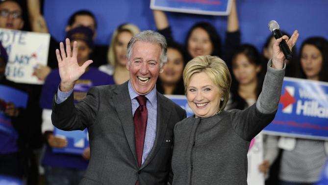 Democratic presidential candidate Hillary Clinton and Rep. Richard Neal, D-Mass. wave during a campaign event, Monday, Feb. 29, 2016, in Springfield, Mass. (AP Photo/Jessica Hill)