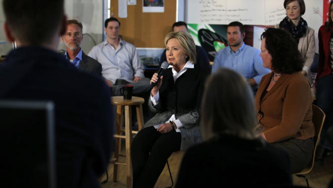 U.S. Democratic presidential candidate Hillary Clinton speaks to employees during a campaign stop at Atomic Object company in Grand Rapids, Michigan, March 7, 2016. REUTERS/Carlos Barria