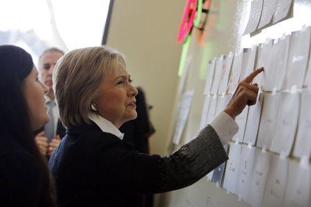 U.S. Democratic presidential candidate Hillary Clinton visits Atomic Object company during a campaign stop in Grand Rapids, Michigan, March 7, 2016. REUTERS/Carlos Barria