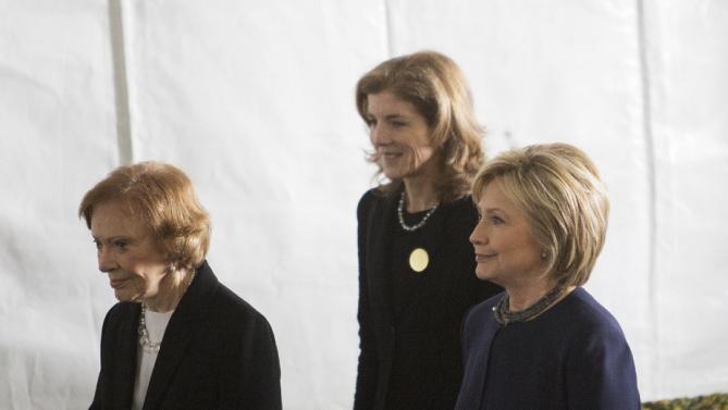 SIMI VALLEY, CA - MARCH 11: Former first lady Rosalynn Carter (L), Caroline Kennedy and Democratic presidential candidate Hillary Clinton (R) follow the casket during funeral and burial services for former first lady Nancy Reagan at the Ronald Reagan Presidential Library on March 11, 2016 in Simi Valley, California. The first lady is being buried at the library next to her husband, who died on June 5, 2004. Nancy Reagan died of heart failure at the age of 94. (Photo by David McNew/Getty Images)