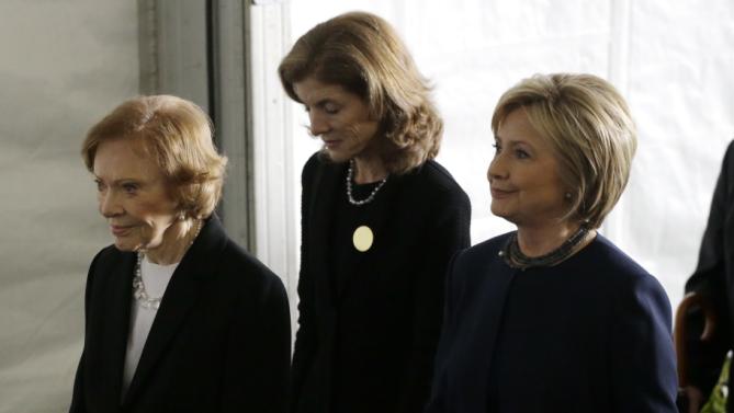 Rosalynn Carter, left, Caroline Kennedy, center, and Hillary Clinton, right, leave the funeral service for former First Lady Nancy Reagan at the Ronald Reagan Presidential Library Friday, March 11, 2016, in Simi Valley, calif. (AP Photo/Jae C. Hong)