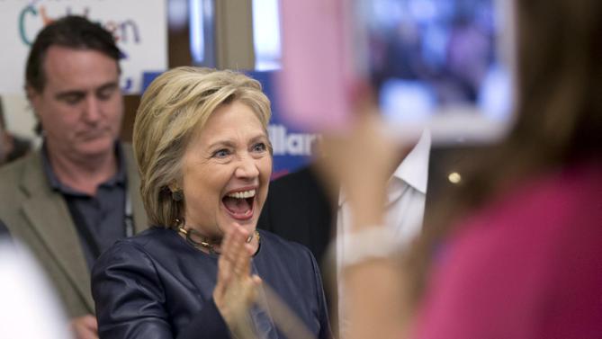Democratic presidential candidate Hillary Clinton arrives to speak as a campaign event at the O'Fallon Park Recreation Complex in St. Louis, Saturday, March 12, 2016. (AP Photo/Carolyn Kaster)