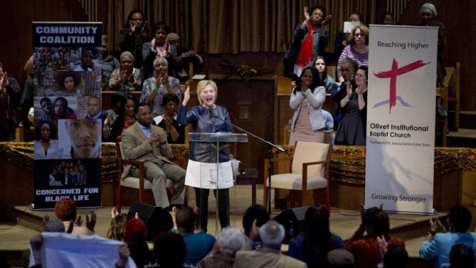 Democratic presidential candidate Hillary Clinton speaks during a town hall meeting at Olivet Institutional Baptist Church in Cleveland, Saturday, March 12, 2016. (AP Photo/Carolyn Kaster)