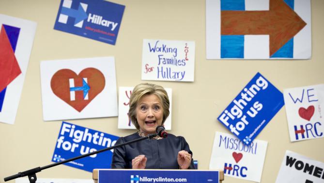 Democratic presidential candidate Hillary Clinton speaks during a campaign event at the O'Fallon Park Recreation Complex in St. Louis, Saturday, March 12, 2016. (AP Photo/Carolyn Kaster)