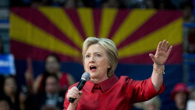 Democratic presidential candidate Hillary Clinton speaks during a campaign event at Carl Hayden Community High School in Phoenix, Monday, March 21, 2016. (AP Photo/Carolyn Kaster)