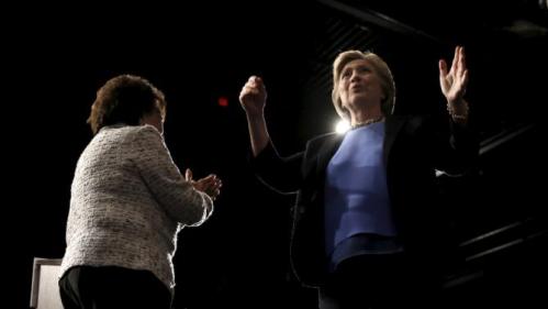 U.S. Democratic presidential candidate Hillary Clinton (R) appears on stage with U.S. Representative Nita Lowey during a campaign rally at State University of New York (SUNY) at Purchase in Westchester County, New York, March 31, 2016. REUTERS/Mike Segar