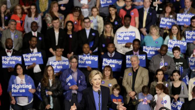 Democratic presidential candidate Hillary Clinton speaks at a rally in Purchase, N.Y., Thursday, March 31, 2016. (AP Photo/Seth Wenig)