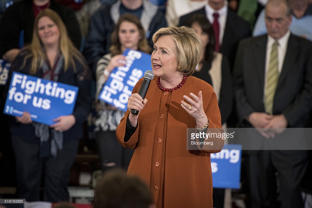 Hillary Clinton, former Secretary of State and 2016 Democratic presidential candidate, speaks during a campaign event in Eau Claire, Wisconsin, U.S., on Saturday, April 2, 2016. Clinton used Donald Trump's remarks about punishing women who have abortions if the procedure were outlawed to level a double-barreled attack on the Republican front-runner as well as her Democratic rival, Bernie Sanders. Photographer: Christopher Dilts/Bloomberg *** Local Caption *** Hillary Clinton