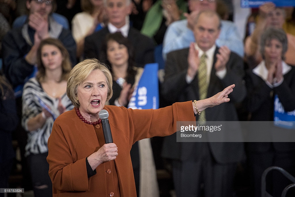 Hillary Clinton, former Secretary of State and 2016 Democratic presidential candidate, speaks during a campaign event in Eau Claire, Wisconsin, U.S., on Saturday, April 2, 2016. Clinton used Donald Trump's remarks about punishing women who have abortions if the procedure were outlawed to level a double-barreled attack on the Republican front-runner as well as her Democratic rival, Bernie Sanders. Photographer: Christopher Dilts/Bloomberg *** Local Caption *** Hillary Clinton