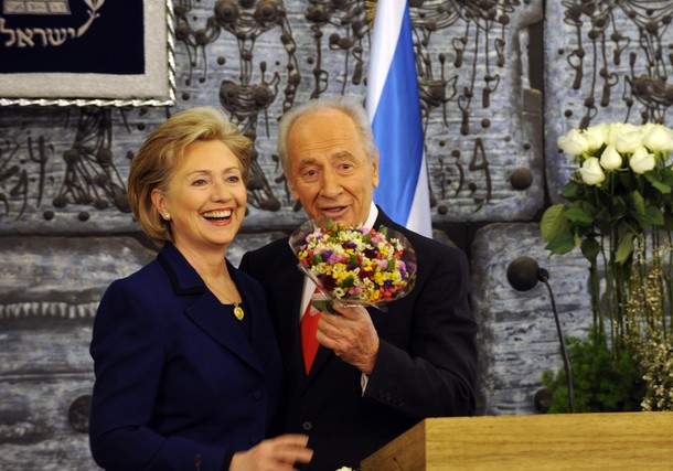 JERUSALEM, ISRAEL - MARCH 3: In this handout from the Israeli U.S. Embassy Tel Aviv, U.S Secretary of State Hillary Clinton meets with Israeli President Shimon Peres on March 3, 2009 in Jeruslaem, Israel. Hillary Clinton is at the start of a two day visit to the region where she will also be holding talks with Israeli Foreign Minister Tzipi Livni and Prime Minister Designate Binyamin Netanyahu before meeting with Palestinian Authority President Mahmood Abbas. (Photo by Matty Stern/U.S. Embassy Tel Aviv via Getty Images)
